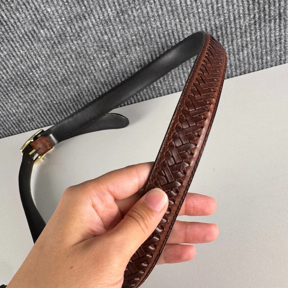Brown Genuine Leather Woven Lattice Belt‎ Gold Buckle Size 40 8000T Mens Brown